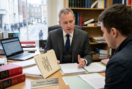 A senior solicitor named Stephen Thorne sits at his desk in a UK law office, explaining a bail application strategy for a conspiracy to commit fraud by false representation case to a young male client, with legal textbooks, a laptop displaying case notes, and a case file on the table.