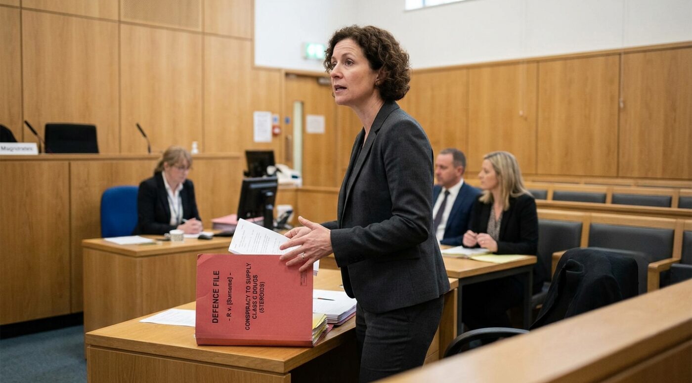 A female barrister in a dark grey suit presents a bail application in a UK Magistrates' Court, holding papers next to a red defence case file labeled "Conspiracy to Supply Class C Drugs (Steroids)" for the case R v. [Surname], with a court clerk seated at the bench, witnesses in the gallery, and the "Magistrates" bench sign visible.