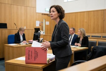 A female barrister in a dark grey suit presents a bail application in a UK Magistrates