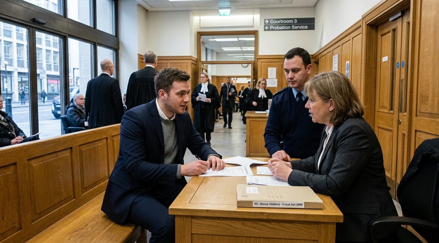 A young man in a navy blazer and grey jumper sits at a table in a UK Magistrates' Court corridor with his female solicitor and a probation officer, reviewing a credit card fraud bail application under the Fraud Act 2006, with barristers in wigs and gowns walking in the background and signs pointing to Courtroom 3 and the Probation Service.