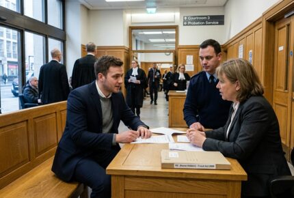 A young man in a navy blazer and grey jumper sits at a table in a UK Magistrates