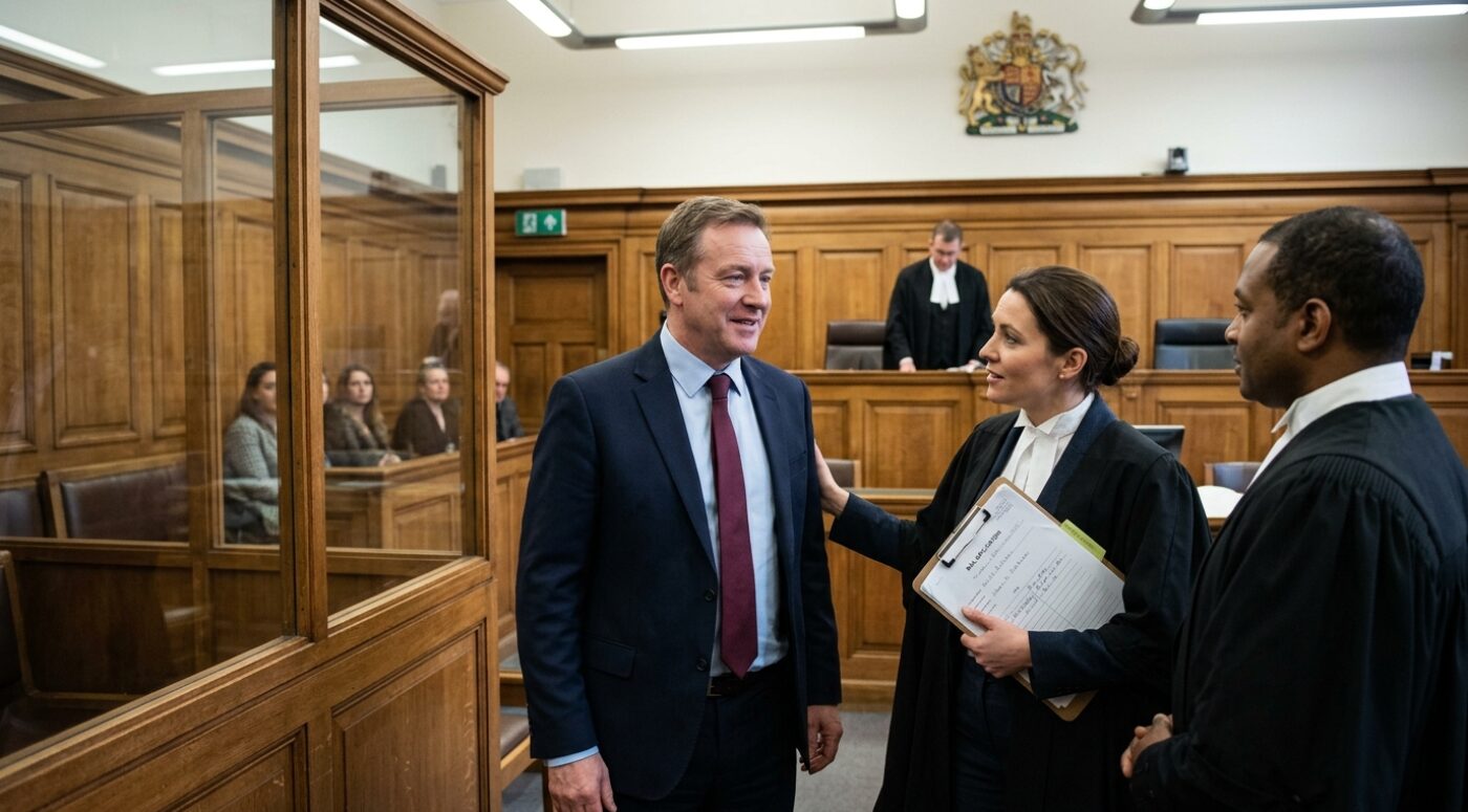 A relieved man in a navy suit and burgundy tie stands inside a UK Crown Court being congratulated by his female barrister holding a bail order document and another barrister after being granted bail in a false accounting case, with the judge seated under the Royal Coat of Arms in the background and members of the public watching from the gallery.