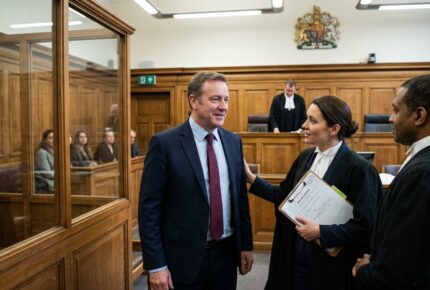 A relieved man in a navy suit and burgundy tie stands inside a UK Crown Court being congratulated by his female barrister holding a bail order document and another barrister after being granted bail in a false accounting case, with the judge seated under the Royal Coat of Arms in the background and members of the public watching from the gallery.