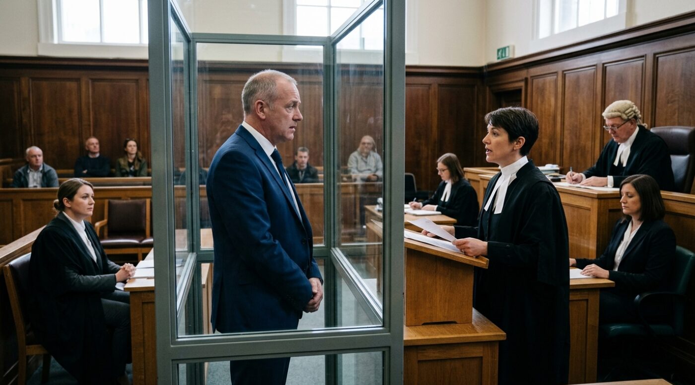 A man in a navy suit stands in the glass dock of a UK Crown Court listening to his female barrister in a wig and gown presenting his bail application for a fraud by abuse of position charge, with the judge taking notes at the bench, another barrister seated nearby, and members of the public watching from the gallery