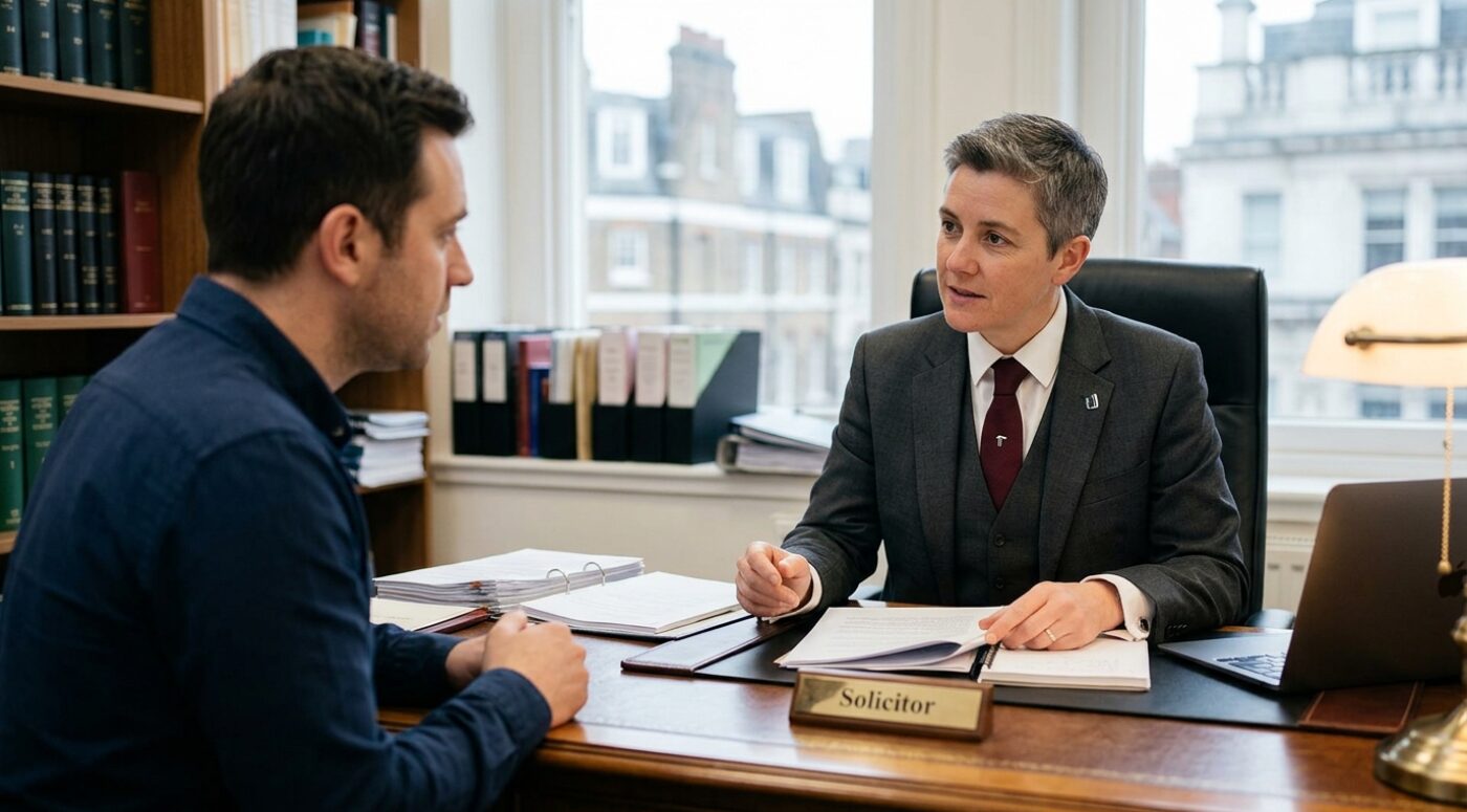 A young man in a dark blue shirt sits across from a solicitor in a grey three-piece suit at a UK law firm desk, discussing a bail application strategy for a steroids importation charge, with case files and a laptop on the desk and a window overlooking a cityscape in the background.