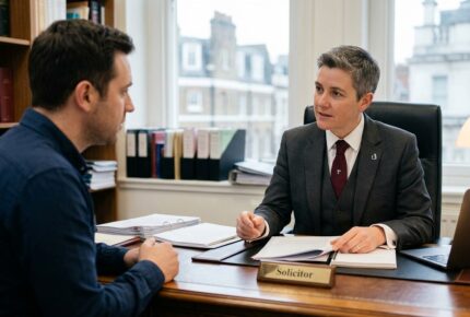 A young man in a dark blue shirt sits across from a solicitor in a grey three-piece suit at a UK law firm desk, discussing a bail application strategy for a steroids importation charge, with case files and a laptop on the desk and a window overlooking a cityscape in the background.