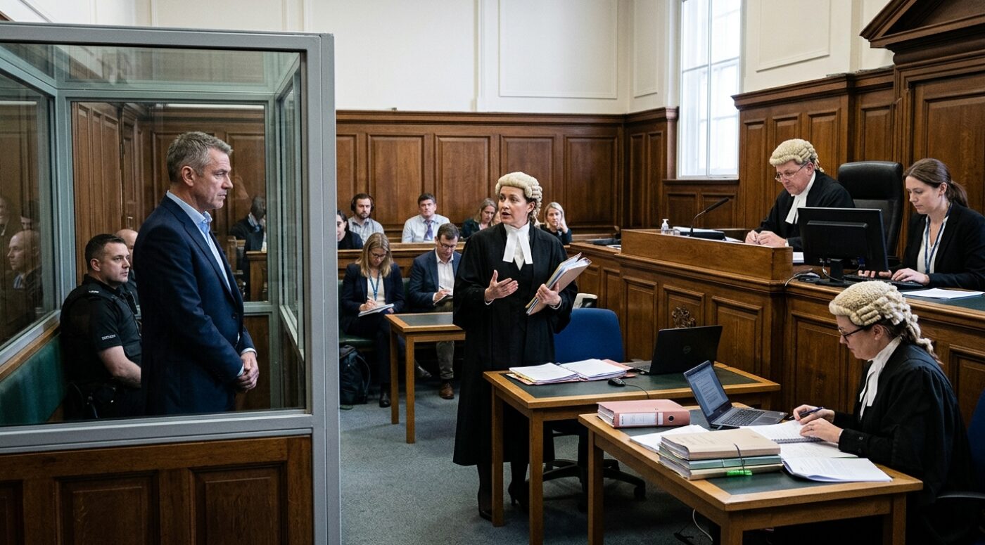 A man in a dark blue suit stands in the glass dock of a UK Crown Court while his female barrister in a wig and gown addresses the judge on his behalf during a bail application for conspiracy to commit securities fraud, with a court security officer seated behind him, other barristers working at their desks, a clerk at the judge's bench, and members of the public watching from the gallery.