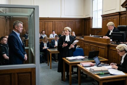 A man in a dark blue suit stands in the glass dock of a UK Crown Court while his female barrister in a wig and gown addresses the judge on his behalf during a bail application for conspiracy to commit securities fraud, with a court security officer seated behind him, other barristers working at their desks, a clerk at the judge