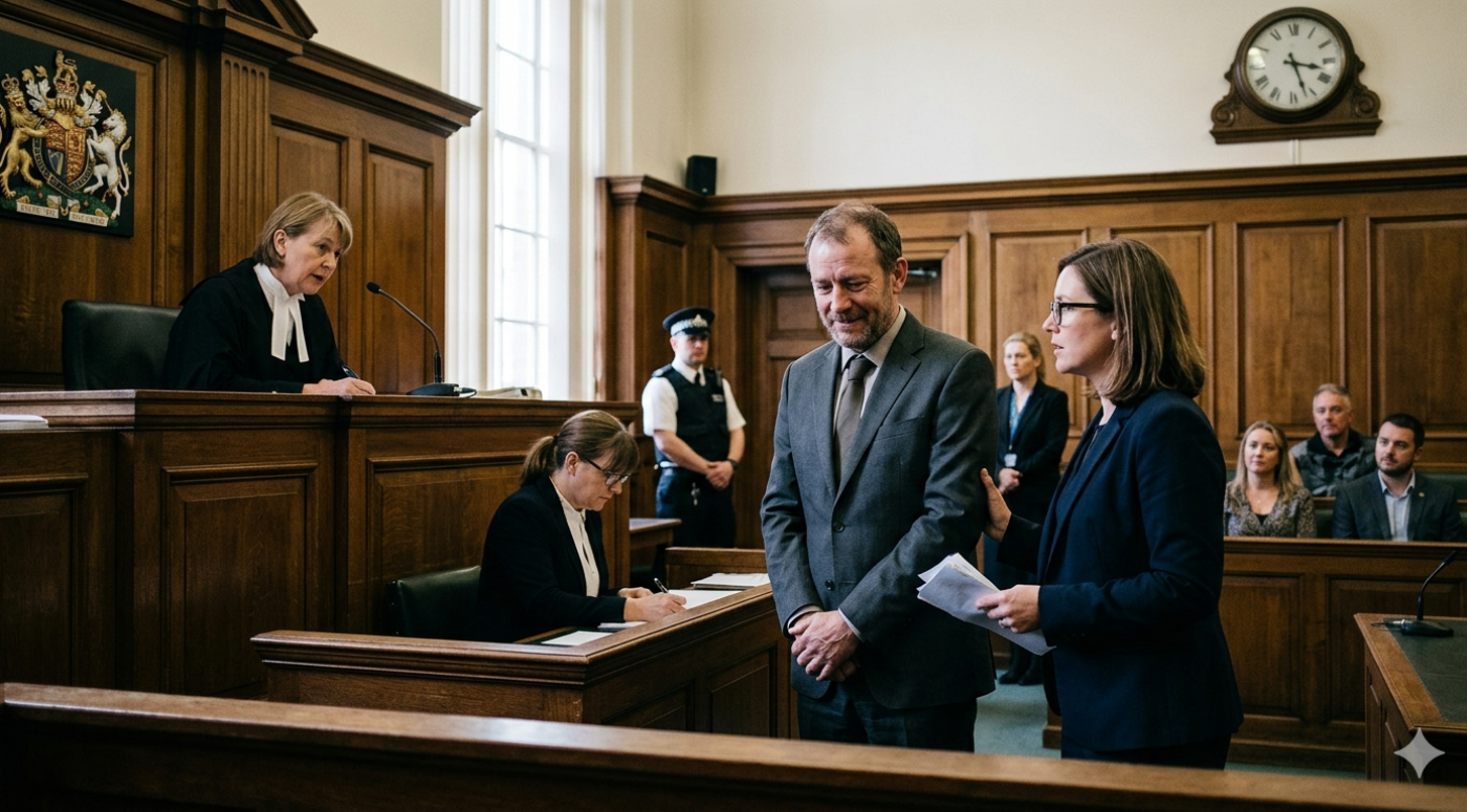 A British courtroom scene with wood-paneled walls. A female judge in black robes and white collar sits at an elevated bench beneath a royal coat of arms, looking down at proceedings. In the foreground, a man in a grey suit stands beside a woman in a dark blazer and glasses who holds papers and appears to be addressing the court. A court clerk sits at a lower desk taking notes. A uniformed police officer stands in the background near a window, and several members of the public are seated in the gallery. A clock is mounted on the wall in the upper right corner.
