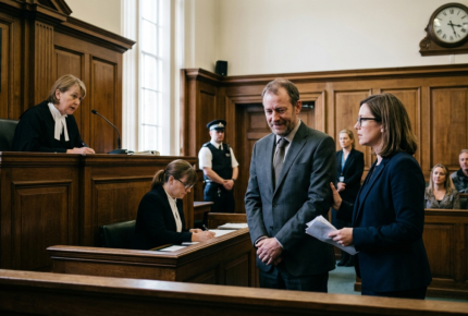 A British courtroom scene with wood-paneled walls. A female judge in black robes and white collar sits at an elevated bench beneath a royal coat of arms, looking down at proceedings. In the foreground, a man in a grey suit stands beside a woman in a dark blazer and glasses who holds papers and appears to be addressing the court. A court clerk sits at a lower desk taking notes. A uniformed police officer stands in the background near a window, and several members of the public are seated in the gallery. A clock is mounted on the wall in the upper right corner.