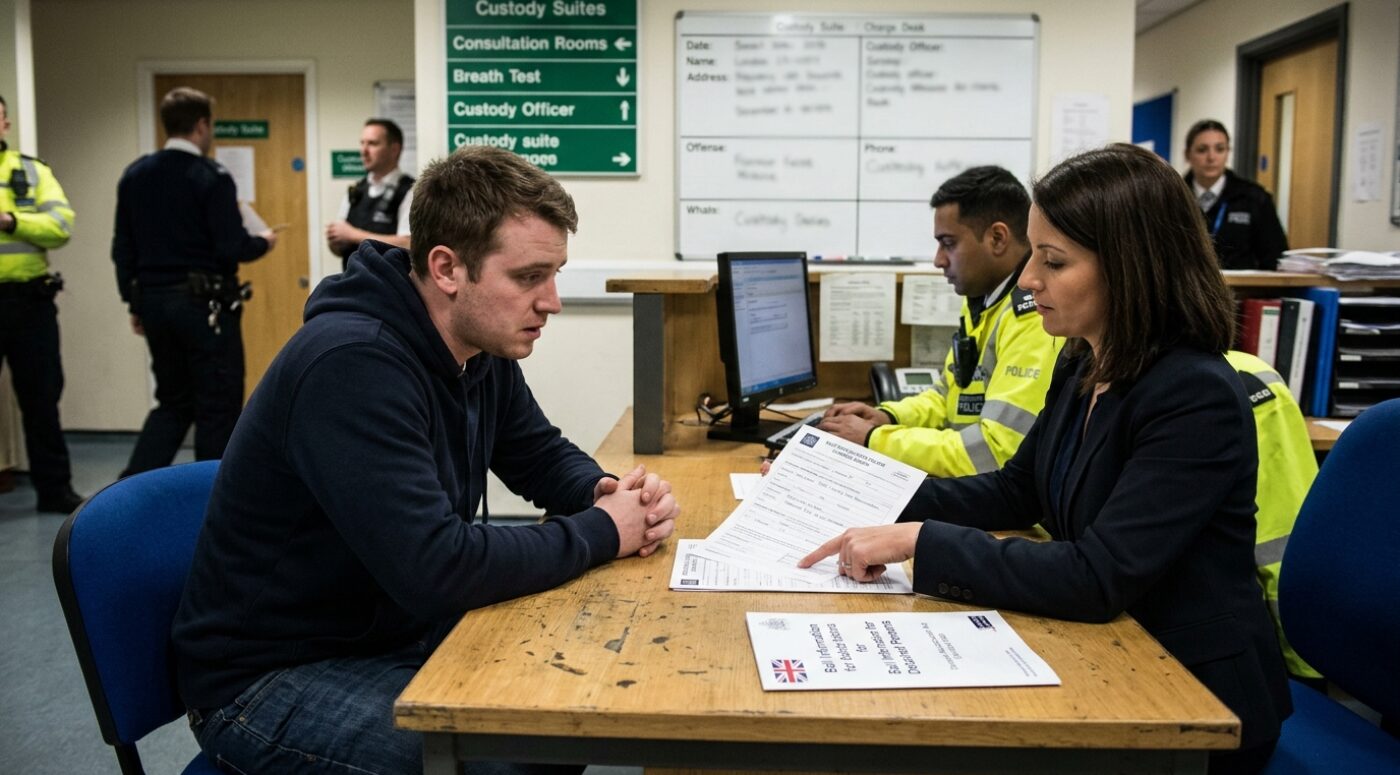A young man in a navy hoodie sits across from his female solicitor at a desk inside a UK police station, reviewing a bail application form and a "Police Station Bail" information leaflet for a computer fraud charge, with a custody officer in a hi-vis jacket working on a computer and other police personnel visible in the background.