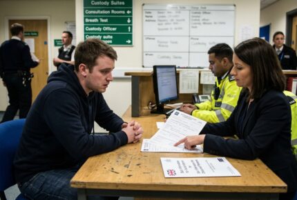 A young man in a navy hoodie sits across from his female solicitor at a desk inside a UK police station, reviewing a bail application form and a "Police Station Bail" information leaflet for a computer fraud charge, with a custody officer in a hi-vis jacket working on a computer and other police personnel visible in the background.