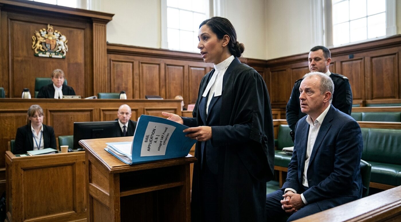 A female barrister in traditional black robes and white bands stands at a wooden lectern in a British courtroom, presenting a case file labeled "BAIL APPLICATION - A.B. - Alleged VAT Fraud Offences" while addressing the court. Her client, a man in a navy suit, sits to her right with hands clasped and a tense expression, accompanied by a security officer standing behind him, while a judge in robes presides from the elevated bench beneath the royal coat of arms and a court clerk and solicitor work at desks in the wood-paneled courtroom.