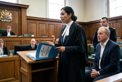 A female barrister in traditional black robes and white bands stands at a wooden lectern in a British courtroom, presenting a case file labeled "BAIL APPLICATION - A.B. - Alleged VAT Fraud Offences" while addressing the court. Her client, a man in a navy suit, sits to her right with hands clasped and a tense expression, accompanied by a security officer standing behind him, while a judge in robes presides from the elevated bench beneath the royal coat of arms and a court clerk and solicitor work at desks in the wood-paneled courtroom.