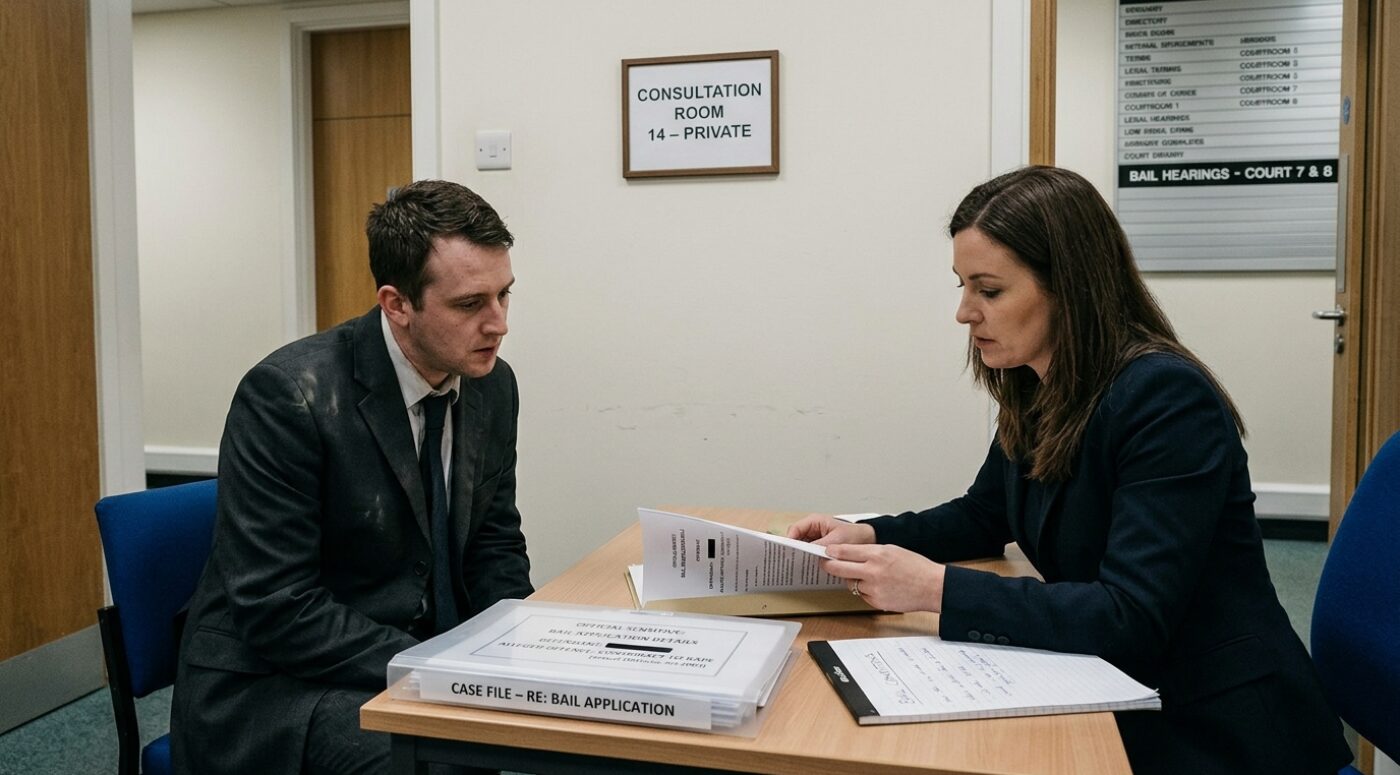 A man in a dark suit and tie sits across from a woman in a black blazer at a wooden table in a private legal consultation room, both reviewing documents with serious expressions. A case file labeled "CASE FILE – RE: BAIL APPLICATION" sits on the table, and signs on the wall behind them read "Consultation Room 14 – Private" and "Bail Hearings – Court 7 & 8," suggesting a tense pre-hearing meeting between a solicitor and her client at a courthouse.