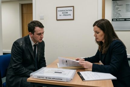 A man in a dark suit and tie sits across from a woman in a black blazer at a wooden table in a private legal consultation room, both reviewing documents with serious expressions. A case file labeled "CASE FILE – RE: BAIL APPLICATION" sits on the table, and signs on the wall behind them read "Consultation Room 14 – Private" and "Bail Hearings – Court 7 & 8," suggesting a tense pre-hearing meeting between a solicitor and her client at a courthouse.