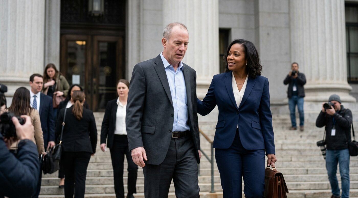 A middle-aged man in a gray suit and light blue shirt walks down the steps of a grand courthouse with tall stone columns, accompanied by a Black woman in a navy blue suit carrying a brown leather briefcase, who appears to be reassuring him with a hand on his back. Photographers and other professionally dressed people surround them on the steps, suggesting a high-profile legal case as the client and his attorney exit the courthouse.