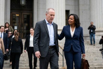 A middle-aged man in a gray suit and light blue shirt walks down the steps of a grand courthouse with tall stone columns, accompanied by a Black woman in a navy blue suit carrying a brown leather briefcase, who appears to be reassuring him with a hand on his back. Photographers and other professionally dressed people surround them on the steps, suggesting a high-profile legal case as the client and his attorney exit the courthouse.