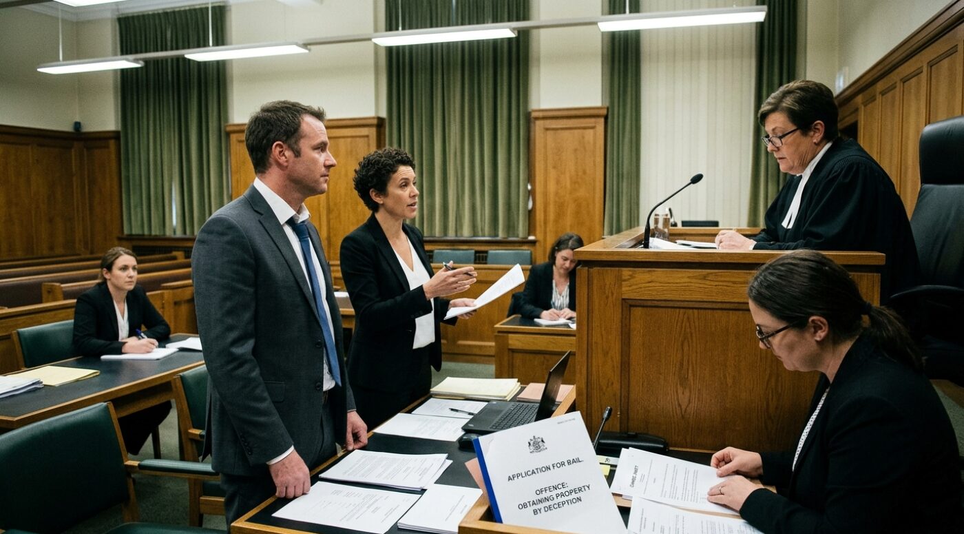 A courtroom scene where a female barrister with short dark hair stands beside her client, a man in a gray suit and blue tie, presenting a bail application to a judge in black robes and white bands seated at an elevated wooden bench. A document on the desk in the foreground reads "APPLICATION FOR BAIL – OFFENCE: OBTAINING PROPERTY BY DECEPTION," while a court clerk takes notes nearby and other legal staff work at desks in the wood-paneled courtroom with green curtains and fluorescent lighting