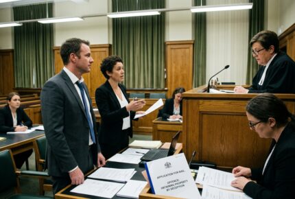 A courtroom scene where a female barrister with short dark hair stands beside her client, a man in a gray suit and blue tie, presenting a bail application to a judge in black robes and white bands seated at an elevated wooden bench. A document on the desk in the foreground reads "APPLICATION FOR BAIL – OFFENCE: OBTAINING PROPERTY BY DECEPTION," while a court clerk takes notes nearby and other legal staff work at desks in the wood-paneled courtroom with green curtains and fluorescent lighting
