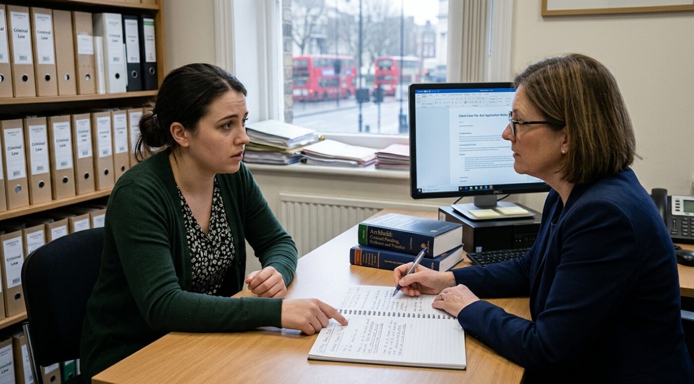 A young woman with dark hair tied back, wearing a green cardigan over a patterned blouse, sits across a desk from an older female solicitor in a navy blazer who is taking handwritten notes in a notebook during a consultation. The office features shelves filled with binders labeled "Criminal Law," legal reference books including "Archbold: Criminal Pleading, Evidence and Practice" stacked on the desk, a computer monitor displaying "Client Case File - Bail Application Notes," and a window in the background showing red double-decker buses on a London street, indicating a UK-based criminal defense law firm.