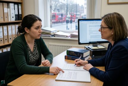 A young woman with dark hair tied back, wearing a green cardigan over a patterned blouse, sits across a desk from an older female solicitor in a navy blazer who is taking handwritten notes in a notebook during a consultation. The office features shelves filled with binders labeled "Criminal Law," legal reference books including "Archbold: Criminal Pleading, Evidence and Practice" stacked on the desk, a computer monitor displaying "Client Case File - Bail Application Notes," and a window in the background showing red double-decker buses on a London street, indicating a UK-based criminal defense law firm.