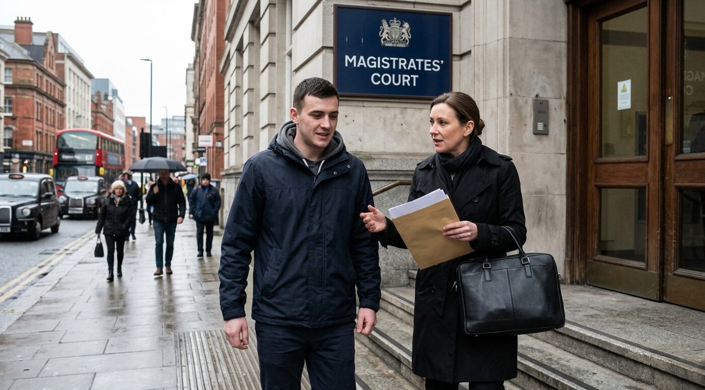 A young man in a dark navy hooded jacket walks alongside a woman in a black coat and scarf outside a UK Magistrates' Court building. The woman, who appears to be his solicitor, carries a black leather briefcase and holds a brown envelope with papers, speaking to him with a serious expression as they walk. A blue sign bearing the royal coat of arms reads "MAGISTRATES' COURT" on the stone facade behind them. The street scene includes a red London double-decker bus, black taxis, and pedestrians with umbrellas on a wet, overcast day, suggesting a city centre location.