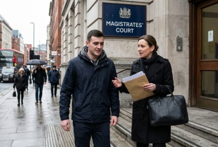 A young man in a dark navy hooded jacket walks alongside a woman in a black coat and scarf outside a UK Magistrates