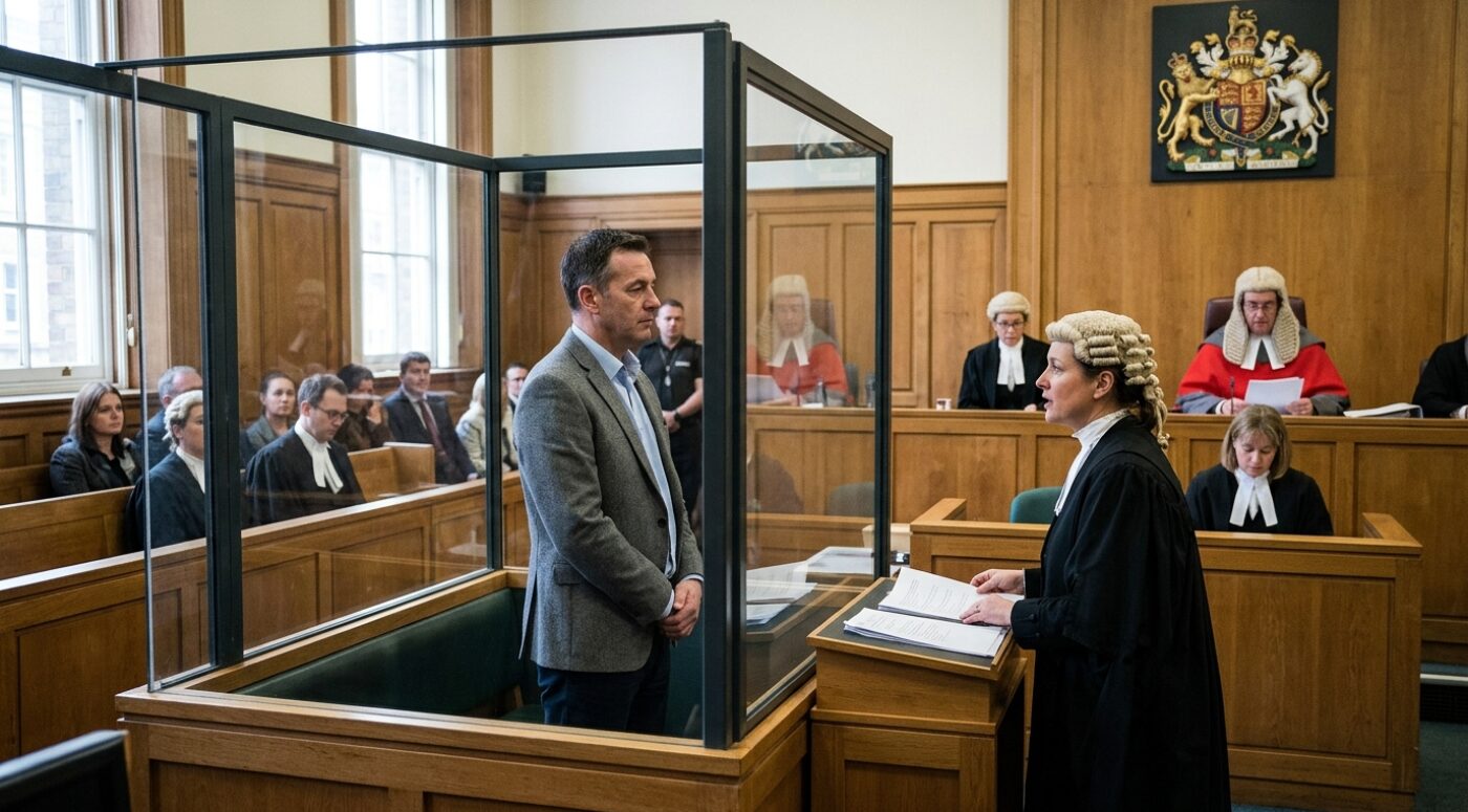 A British Crown Court scene where a man in a gray blazer stands inside a glass-enclosed defendant's dock with hands clasped, facing a female barrister in a traditional white wig and black robes who is addressing the court from a lectern with her notes. In the background, judges in ceremonial wigs and red and black robes preside from the elevated bench beneath the royal coat of arms, while solicitors, court clerks, and members of the public observe from the wood-paneled gallery.