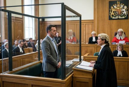 A British Crown Court scene where a man in a gray blazer stands inside a glass-enclosed defendant