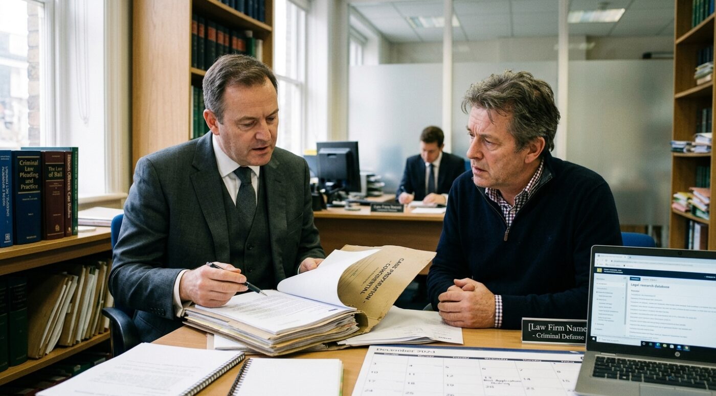 A solicitor in a gray suit and tie sits at a desk in a law office, reviewing a thick confidential case file with a pen in hand while explaining details to an older male client in a navy sweater and checked shirt, who listens attentively with clasped hands. The office is lined with shelves of legal textbooks including "Criminal Law Pleading and Practice" and "The Law of Bail," with a laptop displaying a legal research database, a desk calendar, and a nameplate reading "[Law Firm Name] - Criminal Defense" visible on the desk, while another colleague works in the background.