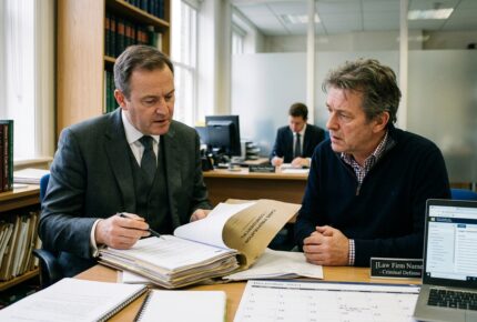 A solicitor in a gray suit and tie sits at a desk in a law office, reviewing a thick confidential case file with a pen in hand while explaining details to an older male client in a navy sweater and checked shirt, who listens attentively with clasped hands. The office is lined with shelves of legal textbooks including "Criminal Law Pleading and Practice" and "The Law of Bail," with a laptop displaying a legal research database, a desk calendar, and a nameplate reading "[Law Firm Name] - Criminal Defense" visible on the desk, while another colleague works in the background.