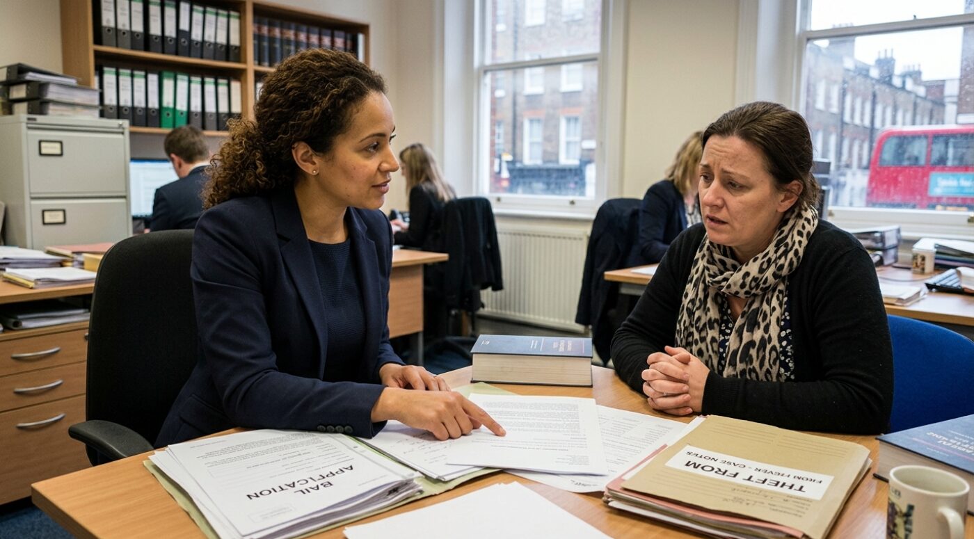 A female solicitor with curly hair, wearing a navy blazer, sits at a desk pointing to a document while explaining details to her female client, who has a worried expression and wears a black cardigan with a leopard-print scarf. Case files labeled "BAIL APPLICATION" and "THEFT FROM [EMPLOYER] - CASE NOTES" are spread across the desk alongside a thick legal textbook, in a busy London law office with shelves of binders, filing cabinets, colleagues working in the background, and a window view of red double-decker buses and townhouses on the street outside.
