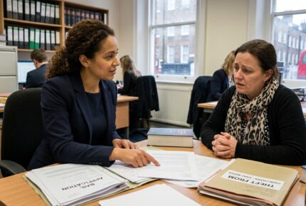 A female solicitor with curly hair, wearing a navy blazer, sits at a desk pointing to a document while explaining details to her female client, who has a worried expression and wears a black cardigan with a leopard-print scarf. Case files labeled "BAIL APPLICATION" and "THEFT FROM [EMPLOYER] - CASE NOTES" are spread across the desk alongside a thick legal textbook, in a busy London law office with shelves of binders, filing cabinets, colleagues working in the background, and a window view of red double-decker buses and townhouses on the street outside.