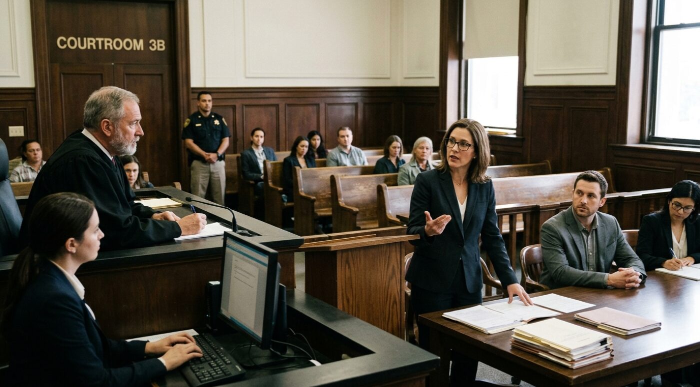 A courtroom scene in "Courtroom 3B" where a female defense attorney in a dark blazer and glasses stands and gestures while addressing a bearded judge in black robes seated at the bench. Her male client in a gray blazer sits at the defense table beside a colleague taking notes, while a court stenographer types in the foreground, a uniformed bailiff stands guard, and members of the public observe from the wooden gallery benches in the wood-paneled courtroom.