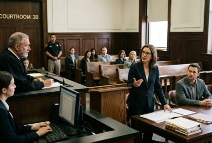 A courtroom scene in "Courtroom 3B" where a female defense attorney in a dark blazer and glasses stands and gestures while addressing a bearded judge in black robes seated at the bench. Her male client in a gray blazer sits at the defense table beside a colleague taking notes, while a court stenographer types in the foreground, a uniformed bailiff stands guard, and members of the public observe from the wooden gallery benches in the wood-paneled courtroom.