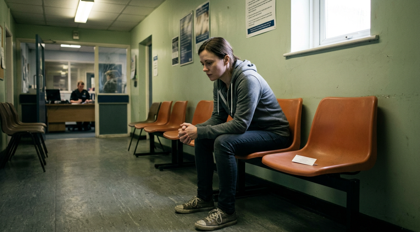 Person sitting alone in police station waiting area looking anxious after arrest for kidnapping, representing the immediate legal process including bail decisions and the right to a solicitor