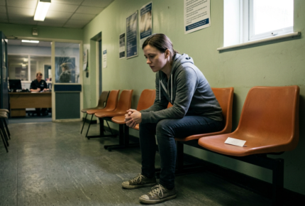 Person sitting alone in police station waiting area looking anxious after arrest for kidnapping, representing the immediate legal process including bail decisions and the right to a solicitor