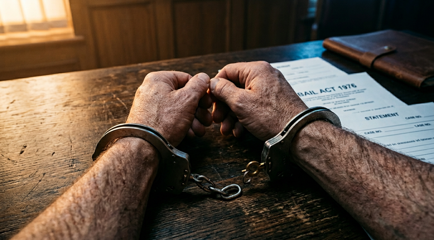 Close-up of handcuffs being unlocked on a court desk representing bail application process for kidnapping charges in England and Wales