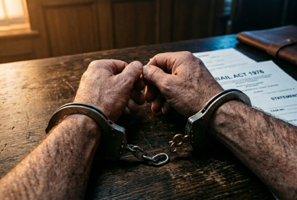 Close-up of handcuffs being unlocked on a court desk representing bail application process for kidnapping charges in England and Wales