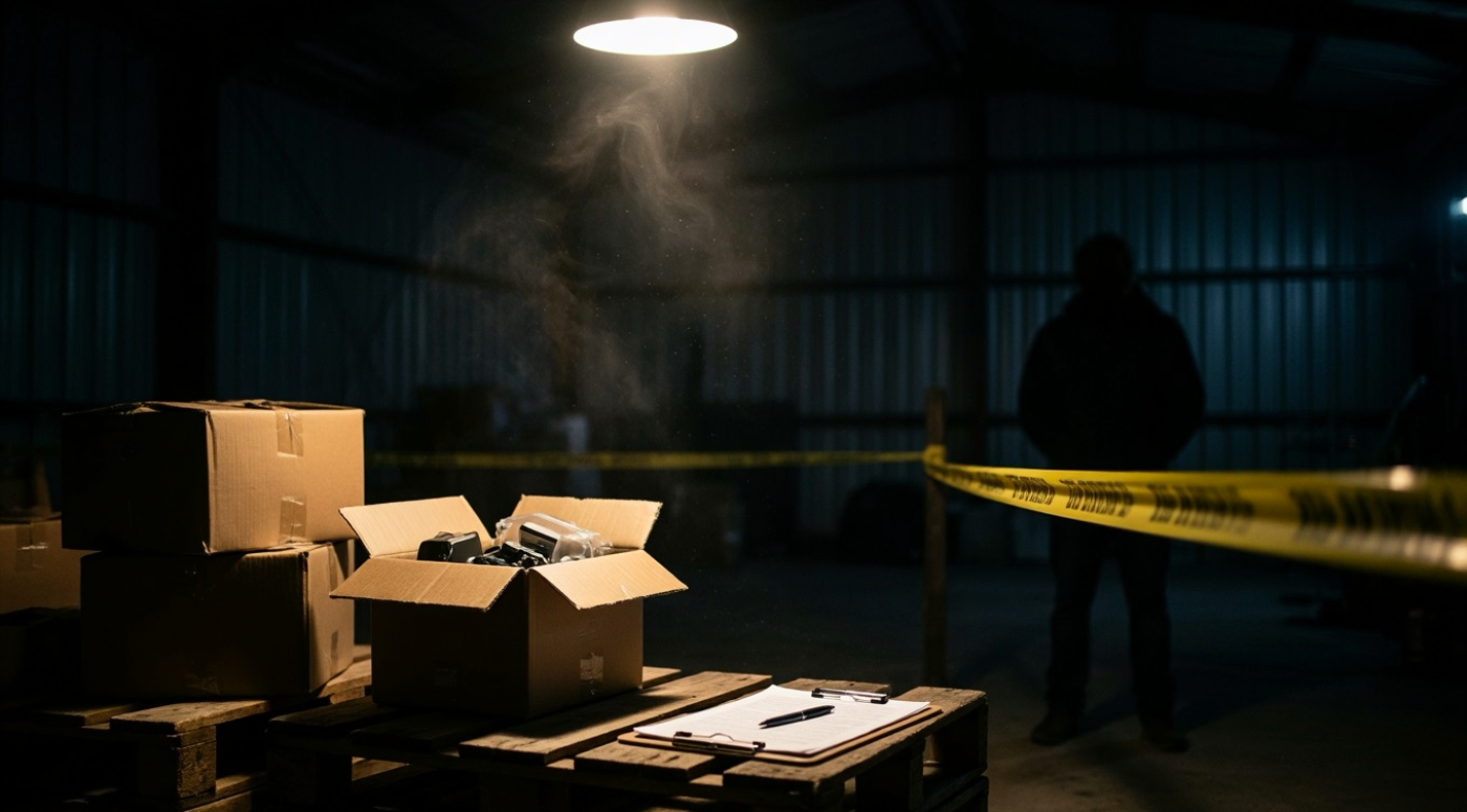 Dark warehouse with stacked goods and evidence tape representing conspiracy to handle stolen goods investigation and bail process in England and Wales