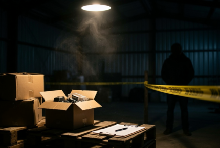 Dark warehouse with stacked goods and evidence tape representing conspiracy to handle stolen goods investigation and bail process in England and Wales