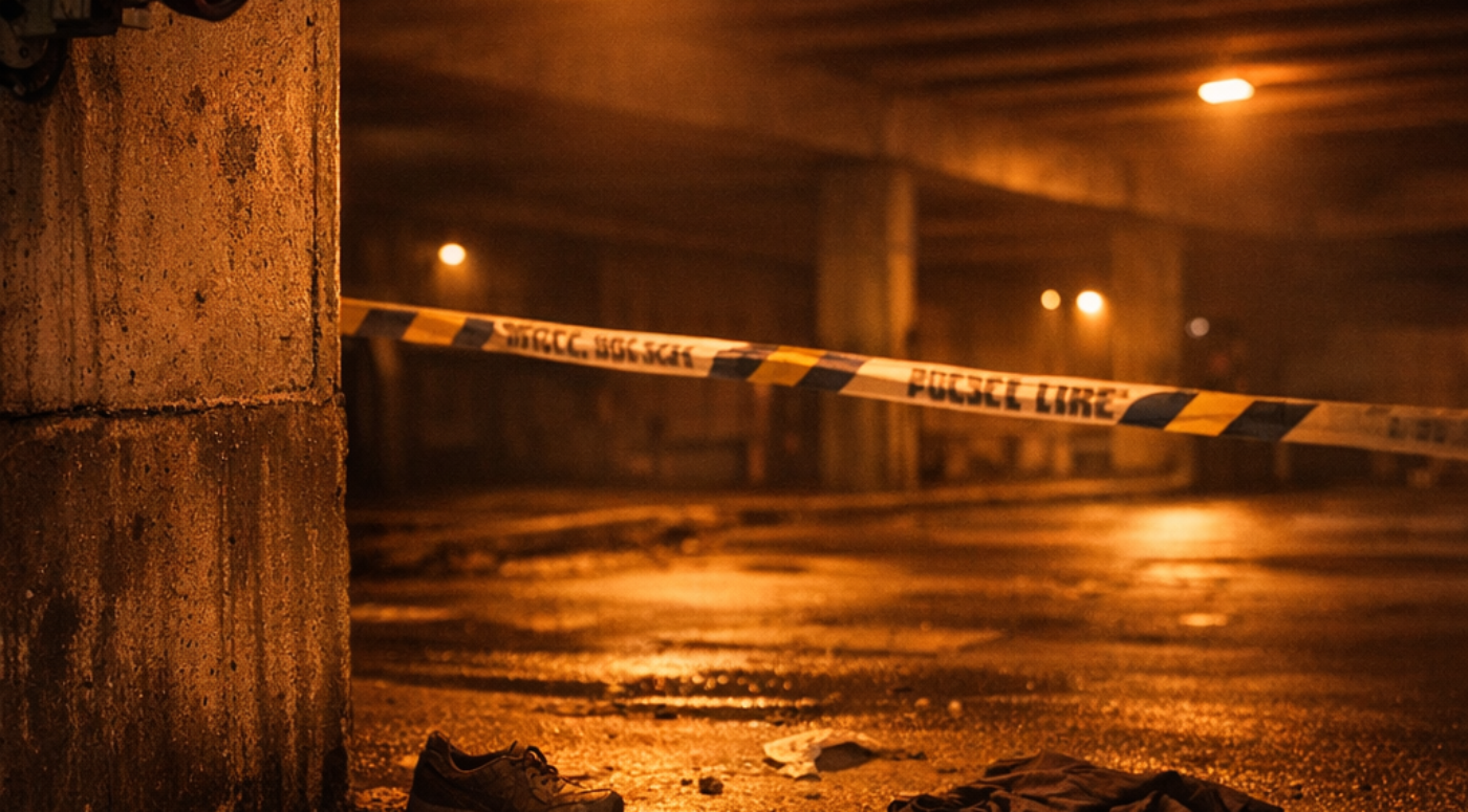 Empty urban underpass at night with security camera and police tape representing conspiracy to commit robbery investigation and bail process in England and Wales