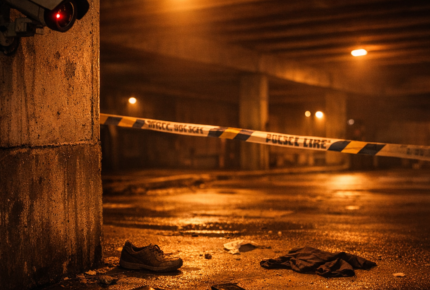 Empty urban underpass at night with security camera and police tape representing conspiracy to commit robbery investigation and bail process in England and Wales