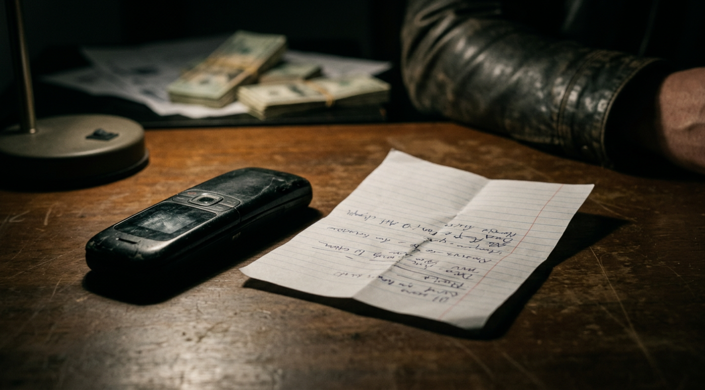 Burner phone and handwritten notes on dark table representing conspiracy to commit extortion investigation and bail process in England and Wales