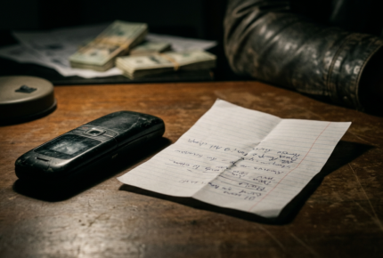 Burner phone and handwritten notes on dark table representing conspiracy to commit extortion investigation and bail process in England and Wales