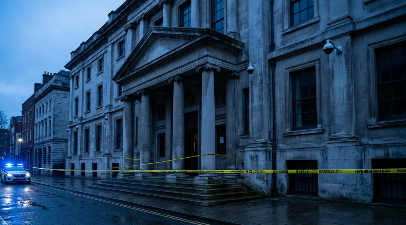 Empty British bank exterior at dusk with police tape and blue lights reflecting on wet pavement representing conspiracy to commit bank robbery investigation and bail process in England and Wales
