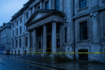 Empty British bank exterior at dusk with police tape and blue lights reflecting on wet pavement representing conspiracy to commit bank robbery investigation and bail process in England and Wales