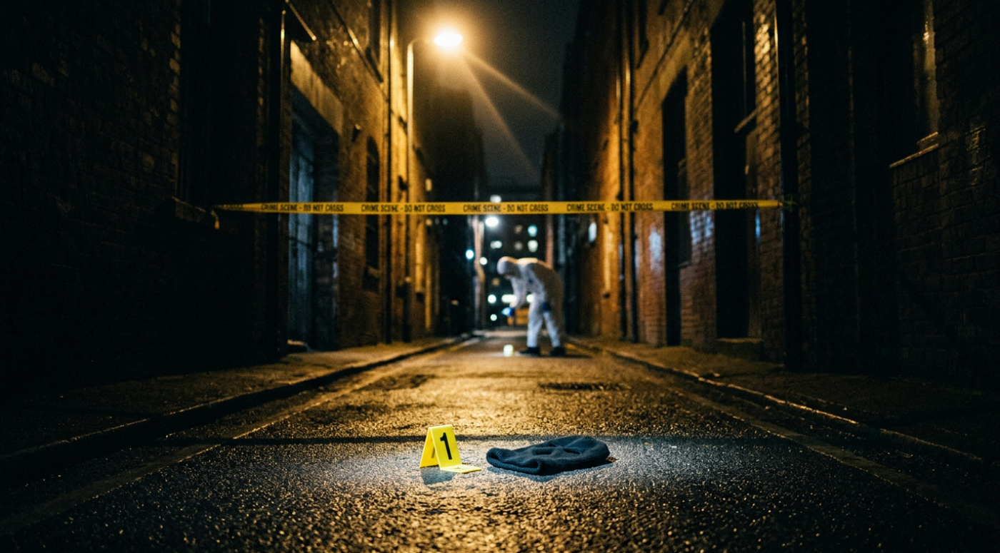 Dark alleyway at night with police forensic investigator and evidence markers representing conspiracy to commit armed robbery investigation and bail process in England and Wales