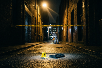 Dark alleyway at night with police forensic investigator and evidence markers representing conspiracy to commit armed robbery investigation and bail process in England and Wales